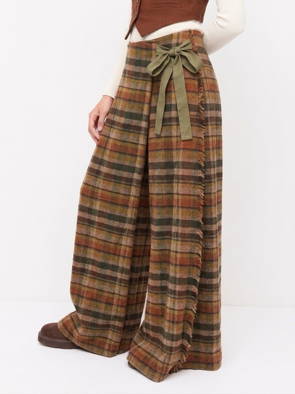 Manila Grace Wide Leg Plaid Wool Blend Fringe Wrap Trousers L